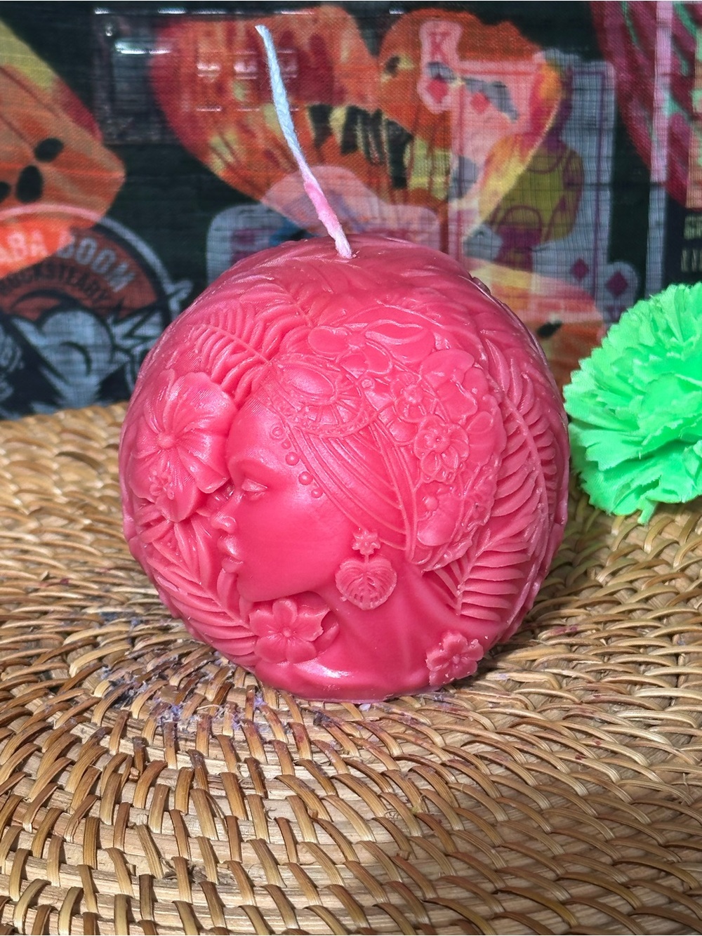 Pink Tropical Woman Candle – Floral Portrait Pillar Candle